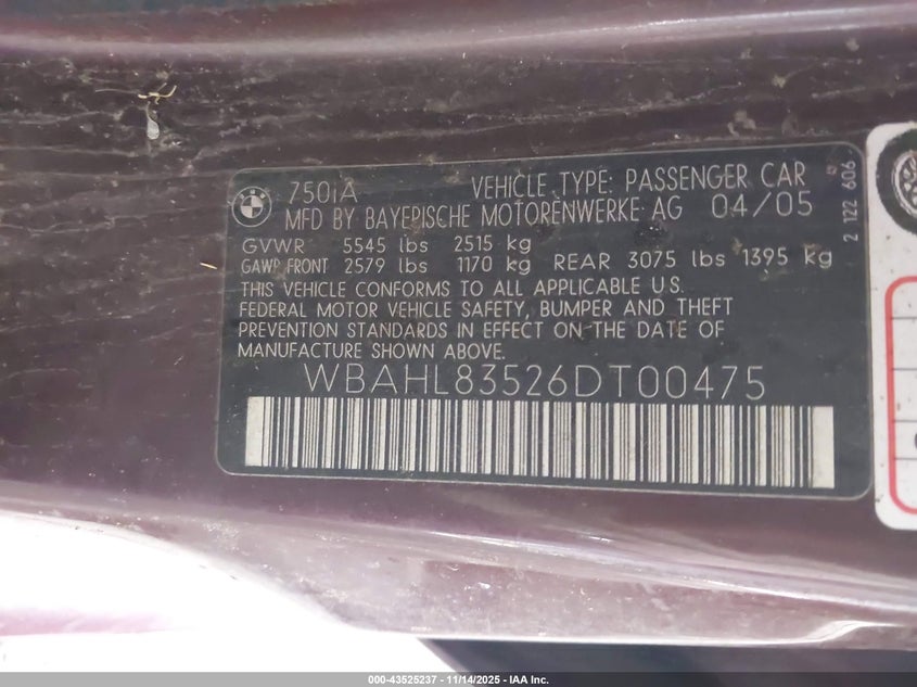 2006 BMW 750I VIN: WBAHL83526DT00475 Lot: 43525237