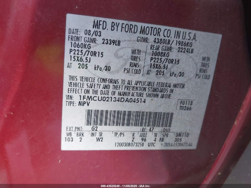 2004 Ford Escape Xls VIN: 1FMCU02134DA04514 Lot: 43525249