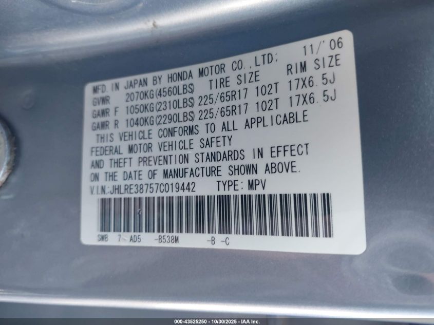 2007 Honda Cr-V Ex-L VIN: JHLRE38757C019442 Lot: 43525250