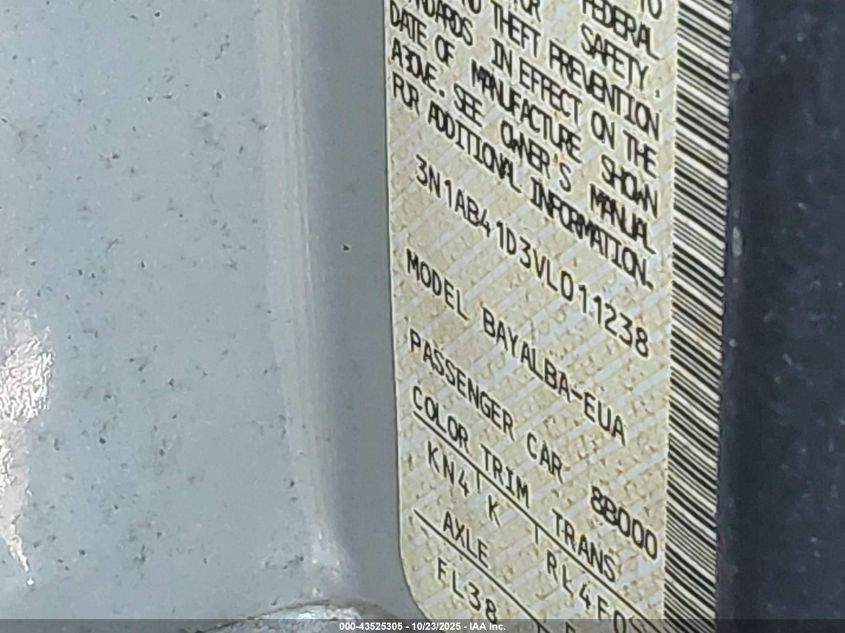 1997 Nissan Sentra Gle/Gxe/Xe VIN: 3N1AB41D3VL011238 Lot: 43525305