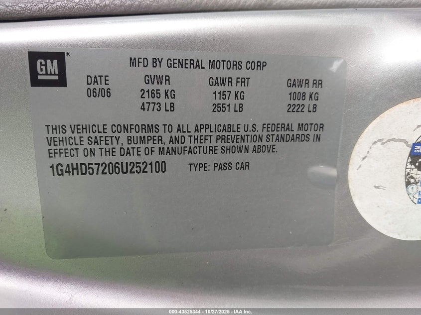 2006 Buick Lucerne Cxl VIN: 1G4HD57206U252100 Lot: 43525344