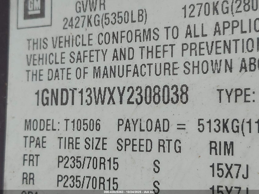 2000 Chevrolet Blazer Ls VIN: 1GNDT13WXY2308038 Lot: 43525363