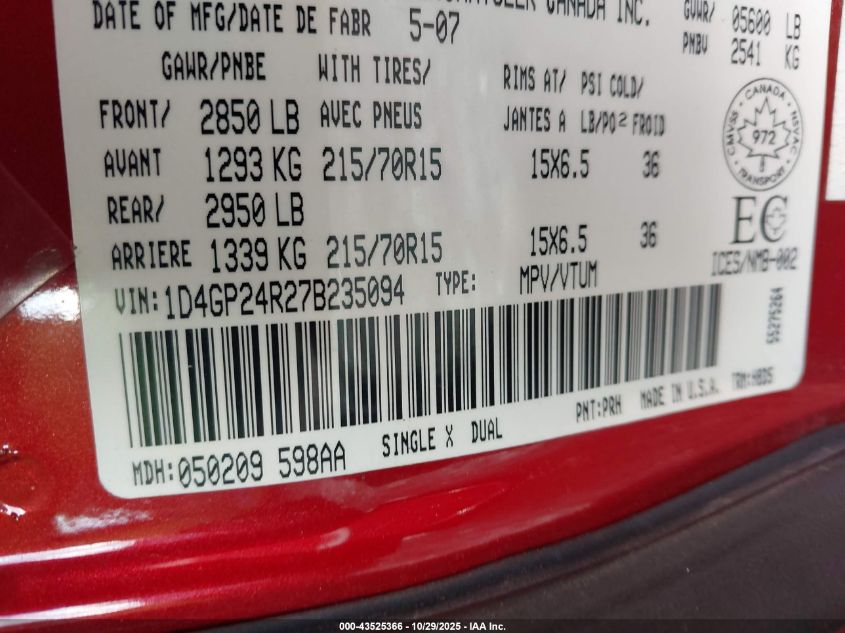 2007 Dodge Grand Caravan VIN: 1D4GP24R27B235094 Lot: 43525366