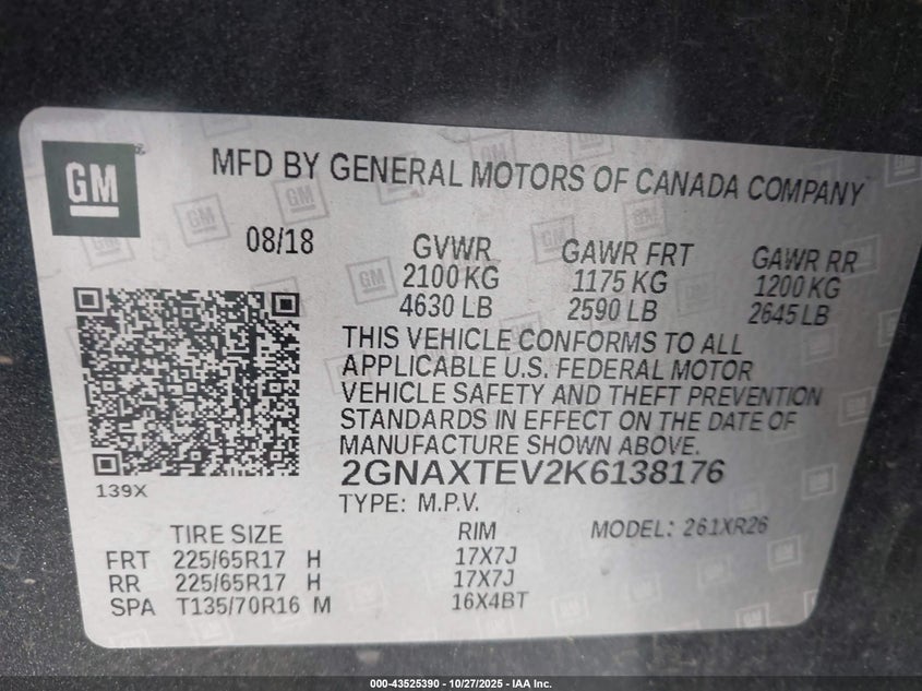 2019 CHEVROLET EQUINOX LT 2GNAXTEV2K6138176