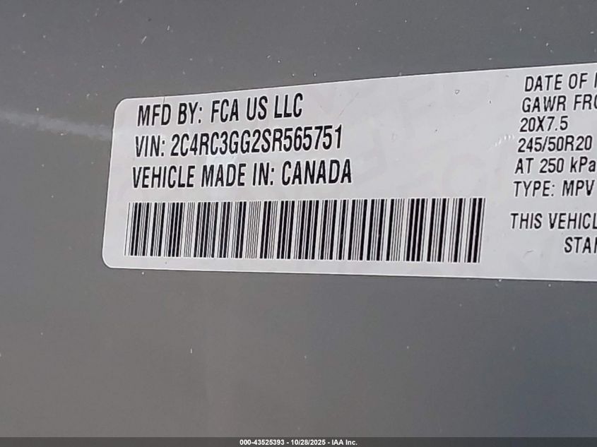 2025 Chrysler Pacifica Limited Awd VIN: 2C4RC3GG2SR565751 Lot: 43525393