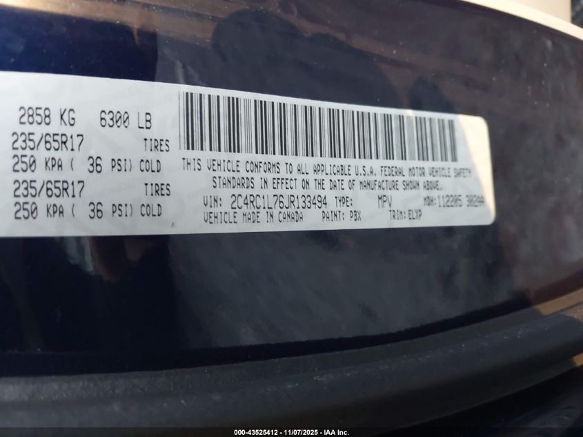 2018 Chrysler Pacifica Hybrid Touring L VIN: 2C4RC1L76JR133494 Lot: 43525412