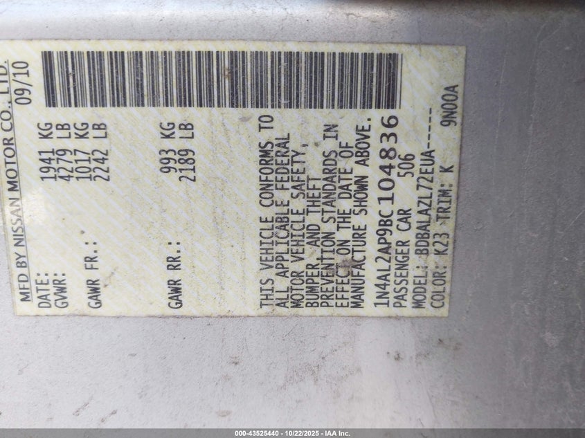1N4AL2AP9BC104836 2011 NISSAN ALTIMA photo no. 9