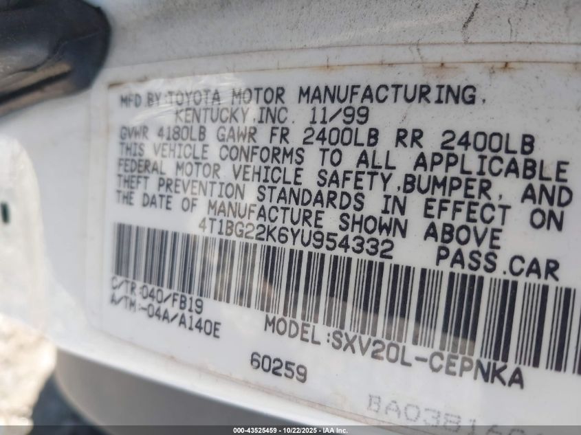 2000 Toyota Camry Le VIN: 4T1BG22K6YU954332 Lot: 43525459