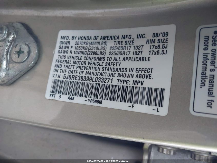 2009 Honda Cr-V Lx VIN: 5J6RE38399L033271 Lot: 43525462