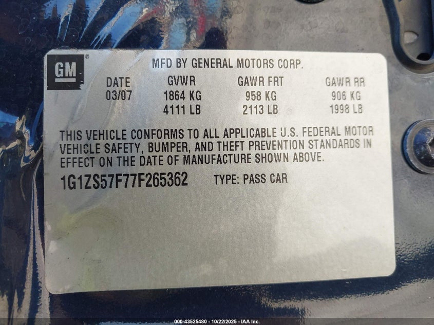 1G1ZS57F77F265362 2007 CHEVROLET MALIBU photo no. 9