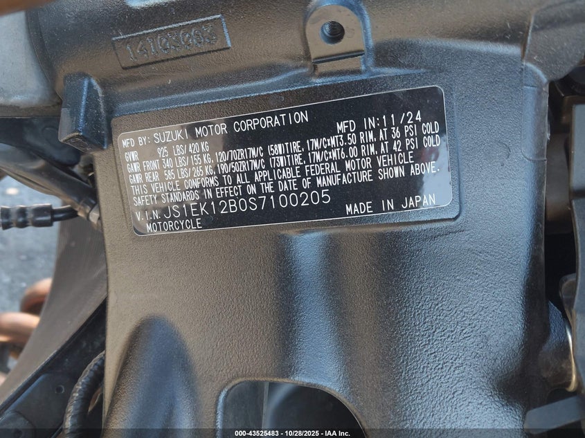 2025 Suzuki Gsx1000 Gt/Gt+ VIN: JS1EK12B0S7100205 Lot: 43525483