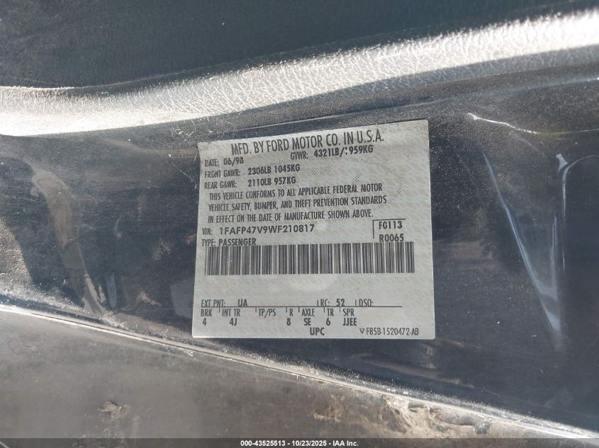 1998 Ford Mustang Svt Cobra VIN: 1FAFP47V9WF210817 Lot: 43525513