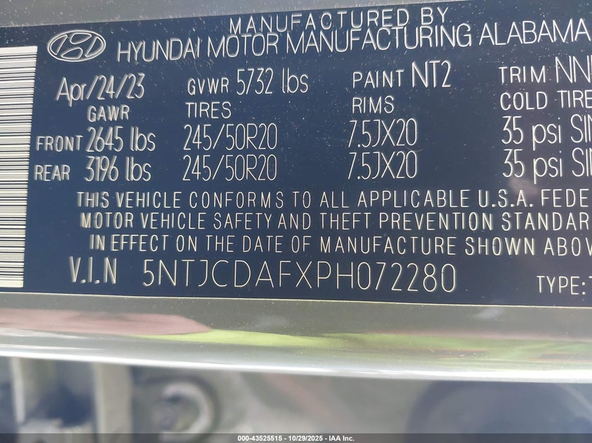 2023 Hyundai Santa Cruz Night VIN: 5NTJCDAFXPH072280 Lot: 43525515