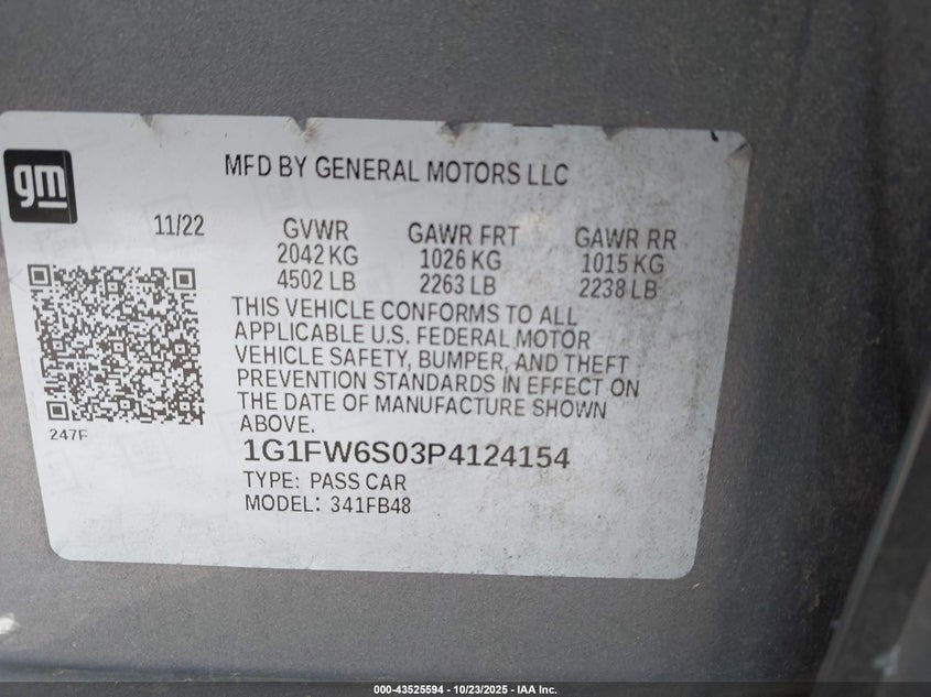 2023 Chevrolet Bolt Ev Fwd 1Lt VIN: 1G1FW6S03P4124154 Lot: 43525594