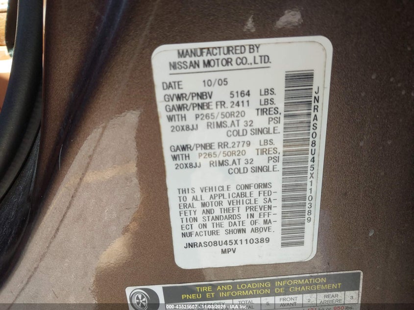 2005 Infiniti Fx35 VIN: JNRAS08U45X110389 Lot: 43525607