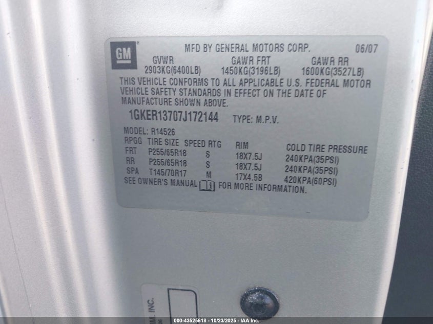 2007 GMC Acadia Sle-1 VIN: 1GKER13707J172144 Lot: 43525618