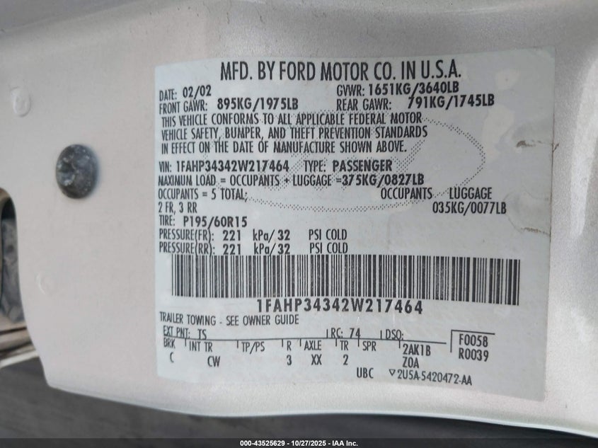 1FAHP34342W217464 2002 FORD FOCUS photo no. 9