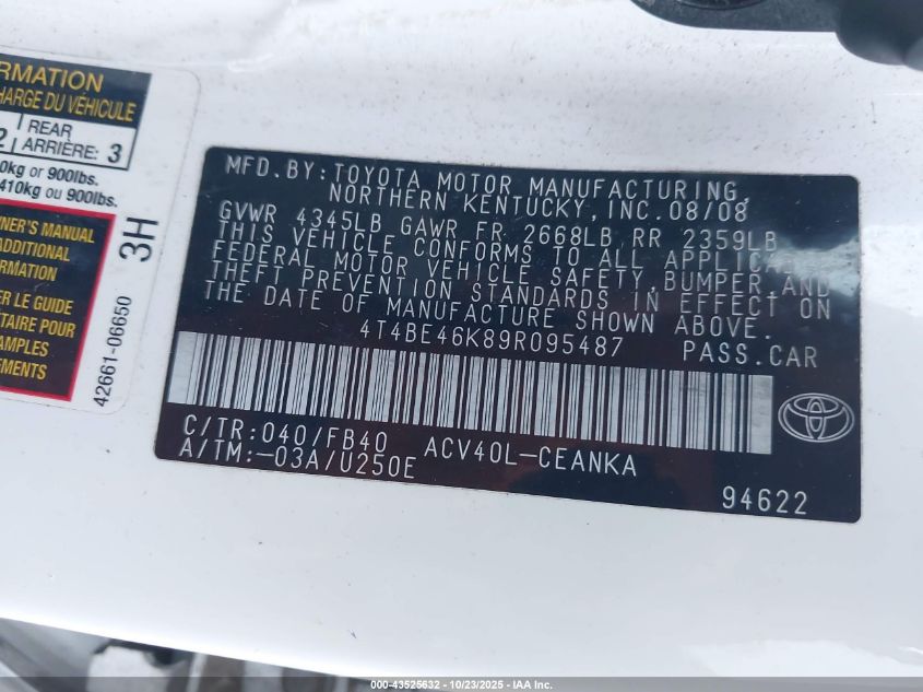 2009 Toyota Camry Le VIN: 4T4BE46K89R095487 Lot: 43525632