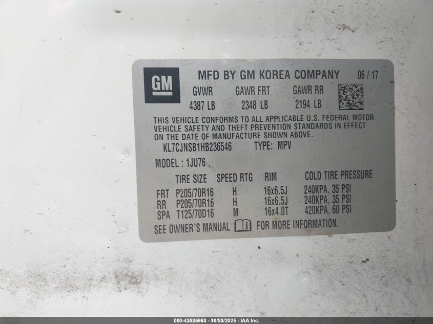 2017 Chevrolet Trax Ls VIN: KL7CJNSB1HB236546 Lot: 43525663