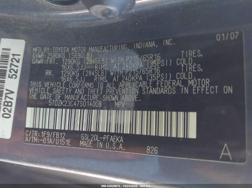 2007 Toyota Sienna Ce VIN: 5TDZK23C47S014008 Lot: 43525670