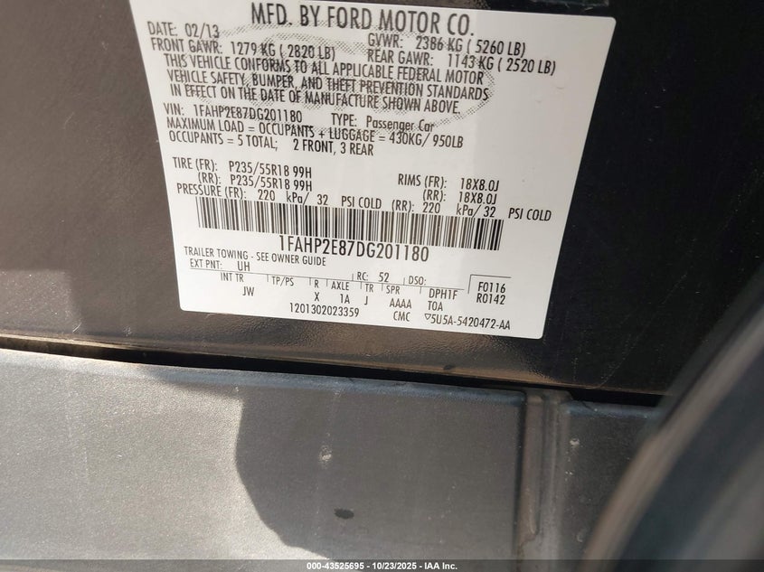 2013 Ford Taurus Sel VIN: 1FAHP2E87DG201180 Lot: 43525695