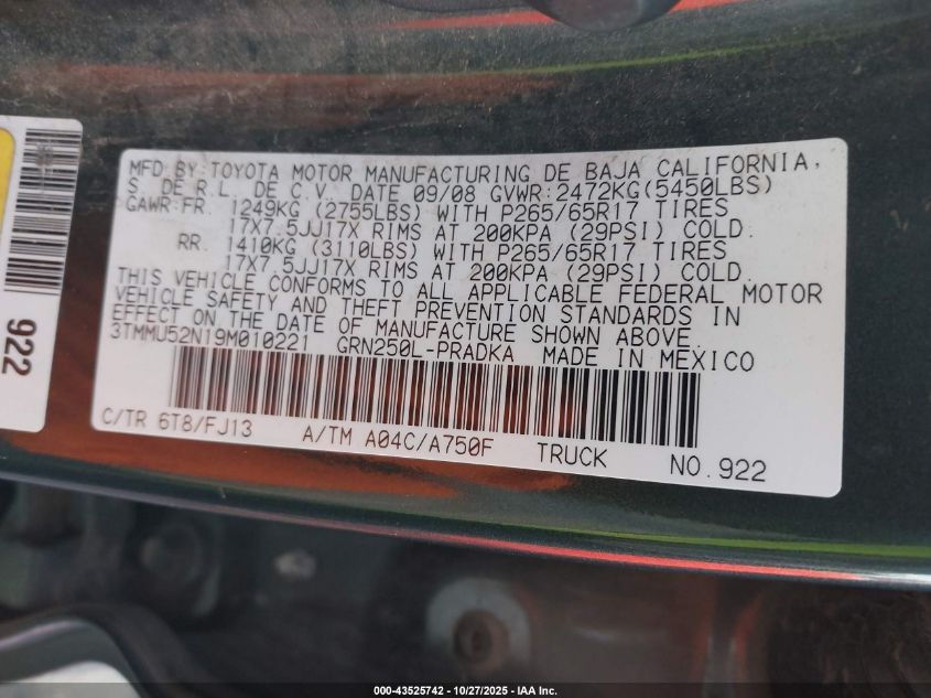 2009 Toyota Tacoma Base V6 VIN: 3TMMU52N19M010221 Lot: 43525742