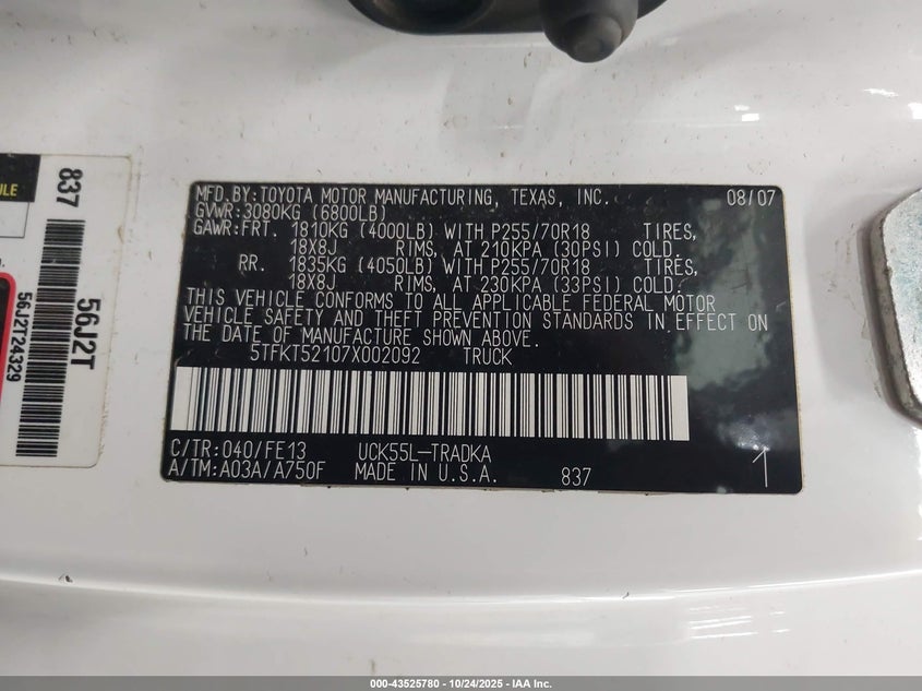 5TFKT52107X002092 2007 TOYOTA TUNDRA photo no. 9