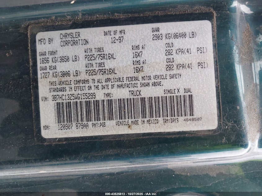 1998 Dodge Ram 1500 St VIN: 3B7HC13Z5WG155299 Lot: 43525813