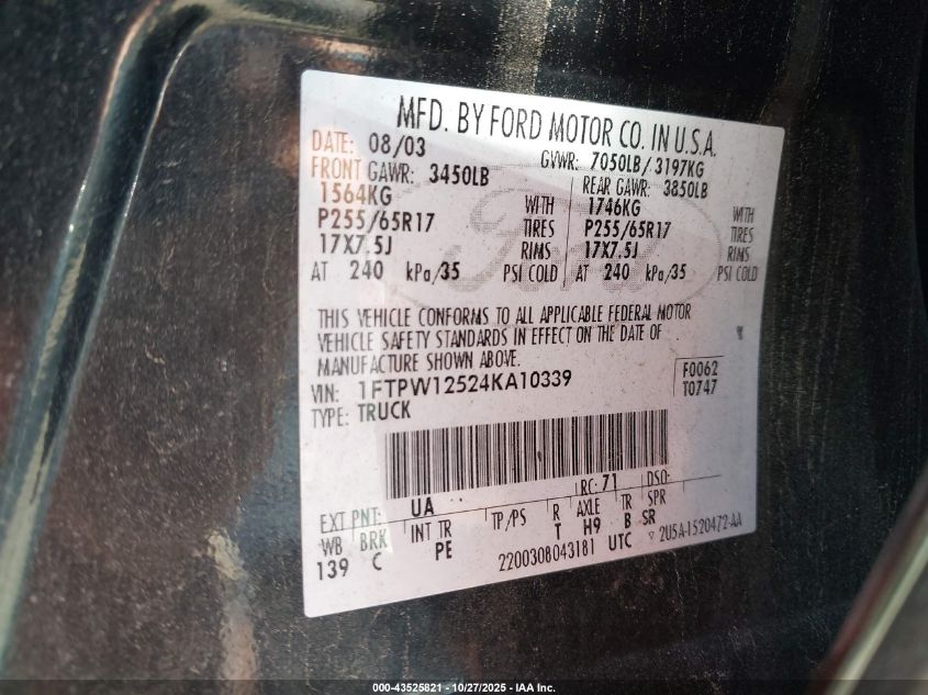 2004 Ford F-150 Lariat/Xlt VIN: 1FTPW12524KA10339 Lot: 43525821