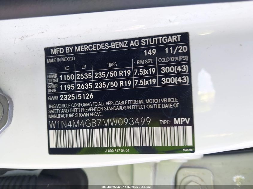 2021 Mercedes-Benz Glb 250 VIN: W1N4M4GB7MW093499 Lot: 43525842