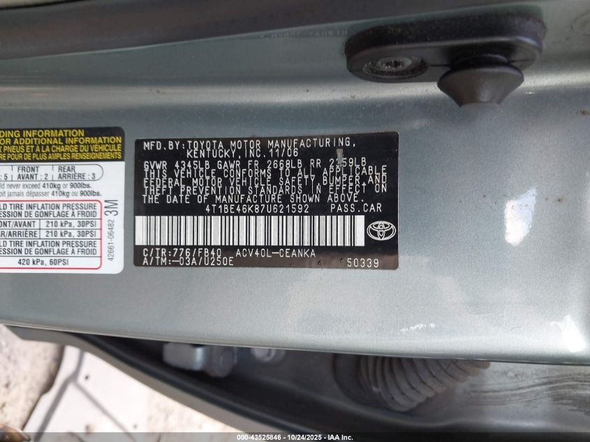 2007 Toyota Camry Le VIN: 4T1BE46K87U621592 Lot: 43525846