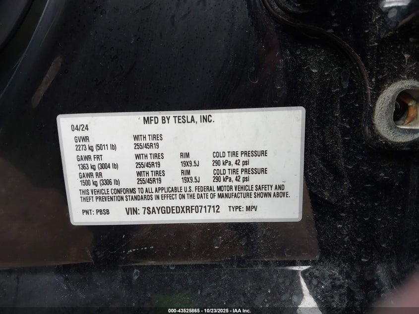 2024 Tesla Model Y Long Range Dual Motor All-Wheel Drive/Rwd VIN: 7SAYGDEDXRF071712 Lot: 43525865