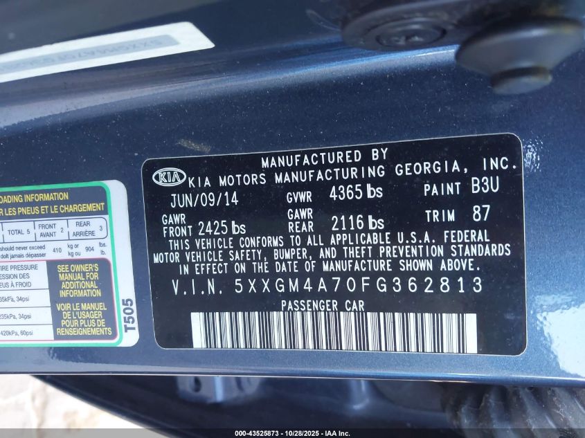 2015 Kia Optima Lx VIN: 5XXGM4A70FG362813 Lot: 43525873