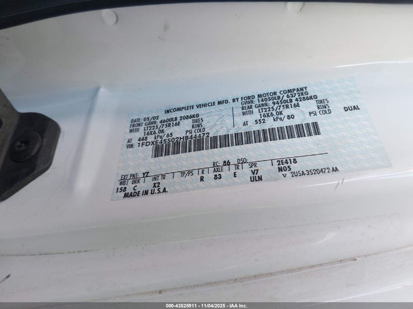 2002 Ford E-450 Cutaway Standard VIN: 1FDXE45S02HB44472 Lot: 43525911