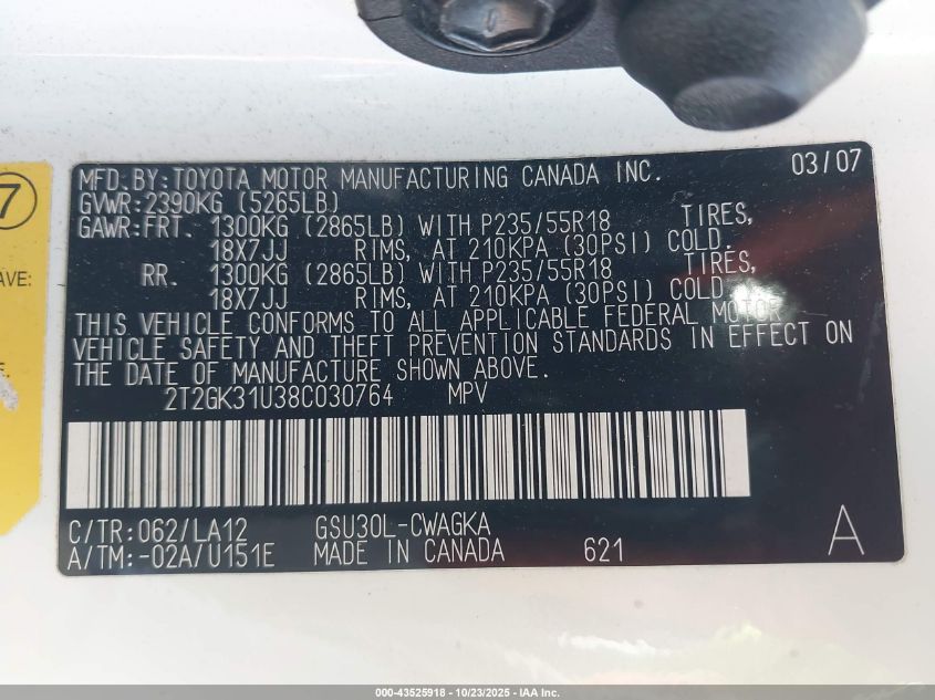 2008 Lexus Rx 350 VIN: 2T2GK31U38C030764 Lot: 43525918