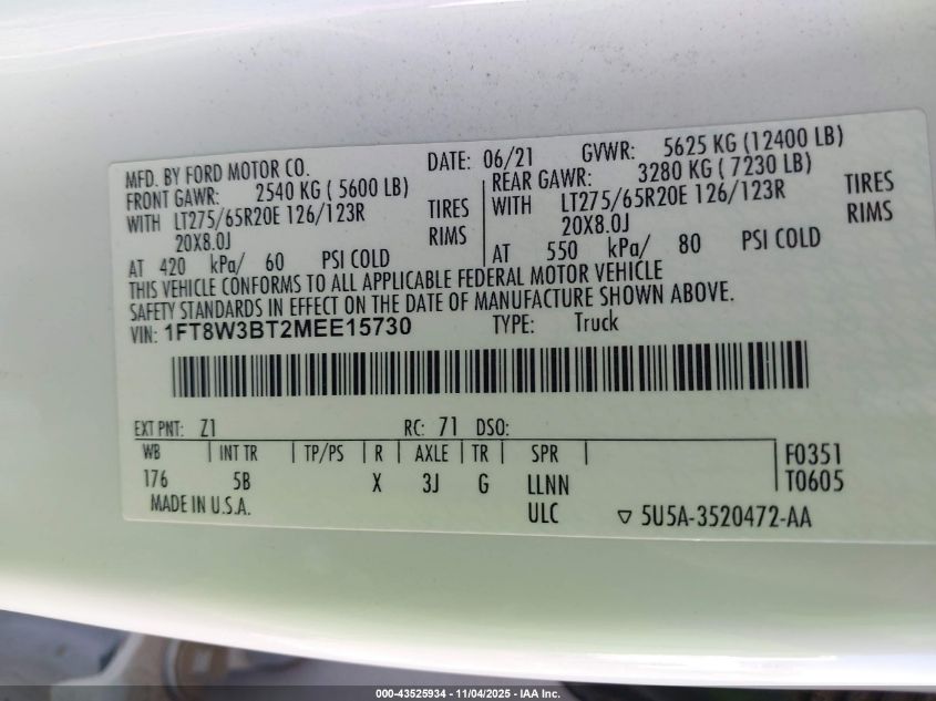 2021 Ford F-350 Lariat VIN: 1FT8W3BT2MEE15730 Lot: 43525934
