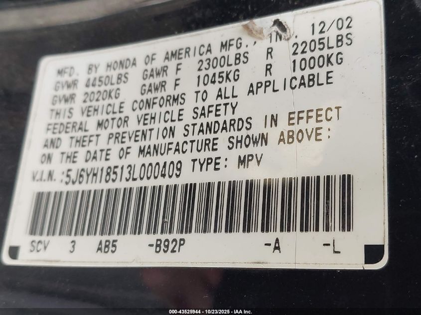 2003 Honda Element Ex VIN: 5J6YH18513L000409 Lot: 43525944