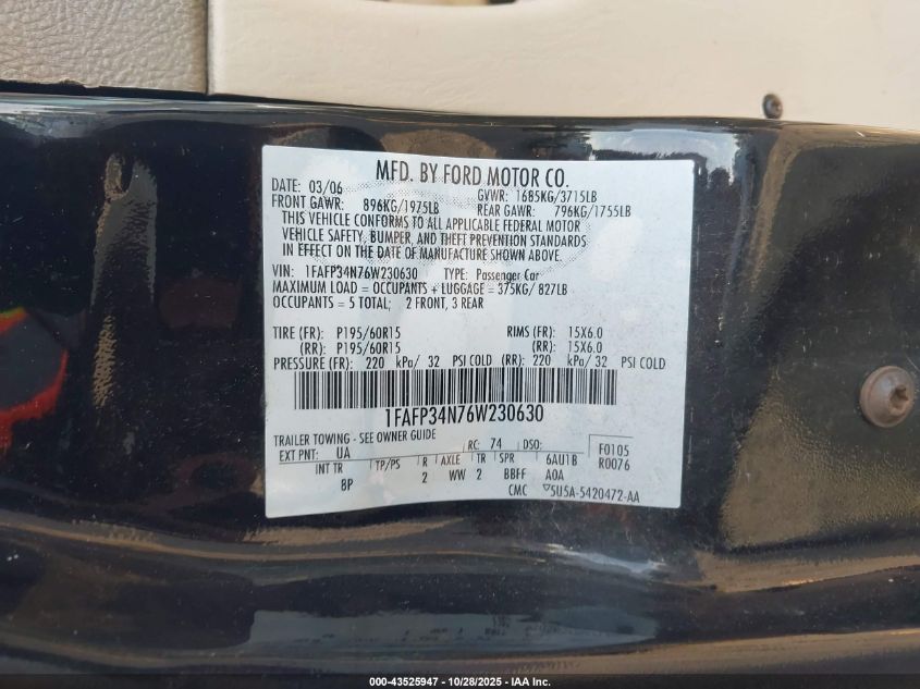 2006 Ford Focus Zx4 VIN: 1FAFP34N76W230630 Lot: 43525947