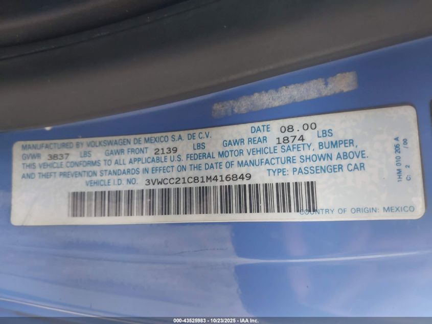 2001 Volkswagen New Beetle Gls 1.8L Turbo VIN: 3VWCC21C81M416849 Lot: 43525983