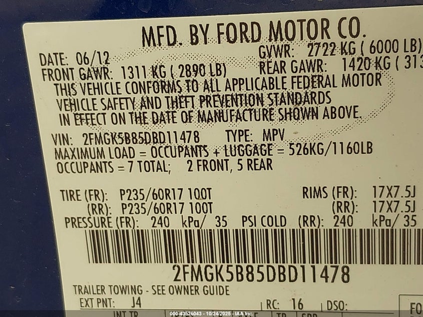 2013 Ford Flex Se VIN: 2FMGK5B85DBD11478 Lot: 43526043