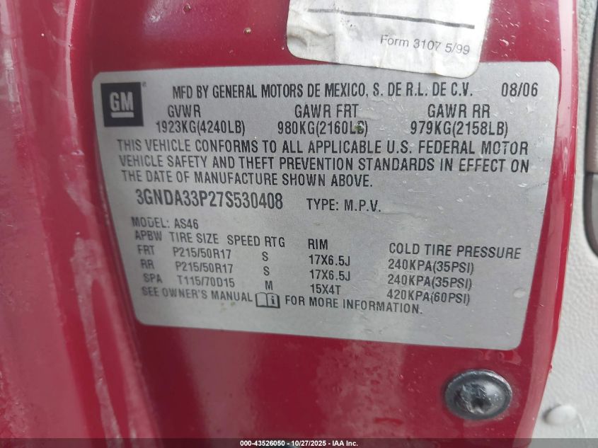 2007 Chevrolet Hhr Lt VIN: 3GNDA33P27S530408 Lot: 43526050