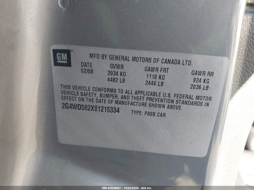 2008 Buick Lacrosse Cxl VIN: 2G4WD582X81215334 Lot: 43526067