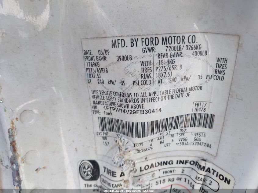 2009 Ford F-150 Fx4/King Ranch/Lariat/Platinum/Xl/Xlt VIN: 1FTPW14V29FB30414 Lot: 43526069