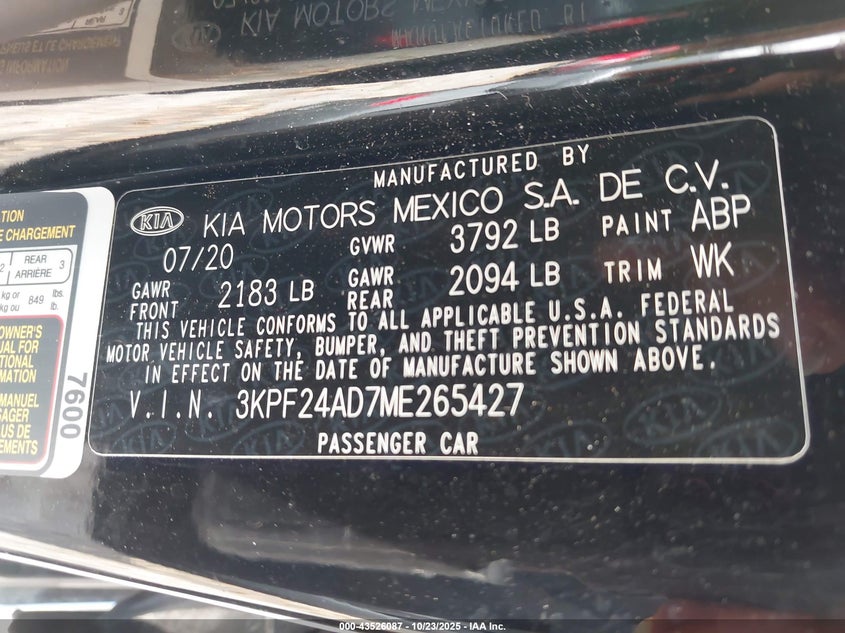 2021 KIA FORTE FE 3KPF24AD7ME265427