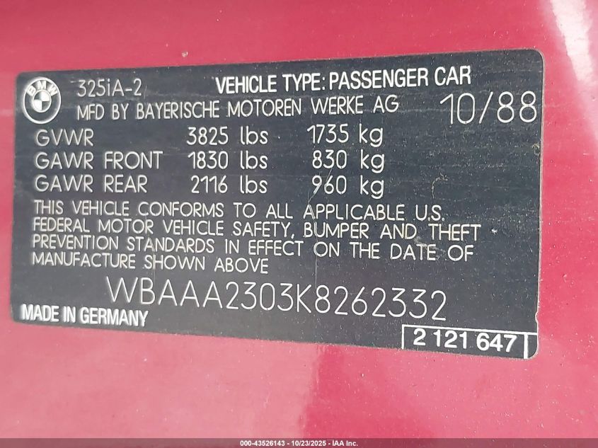 1989 BMW 325 I Automatic/Is Automatic VIN: WBAAA2303K8262332 Lot: 43526143