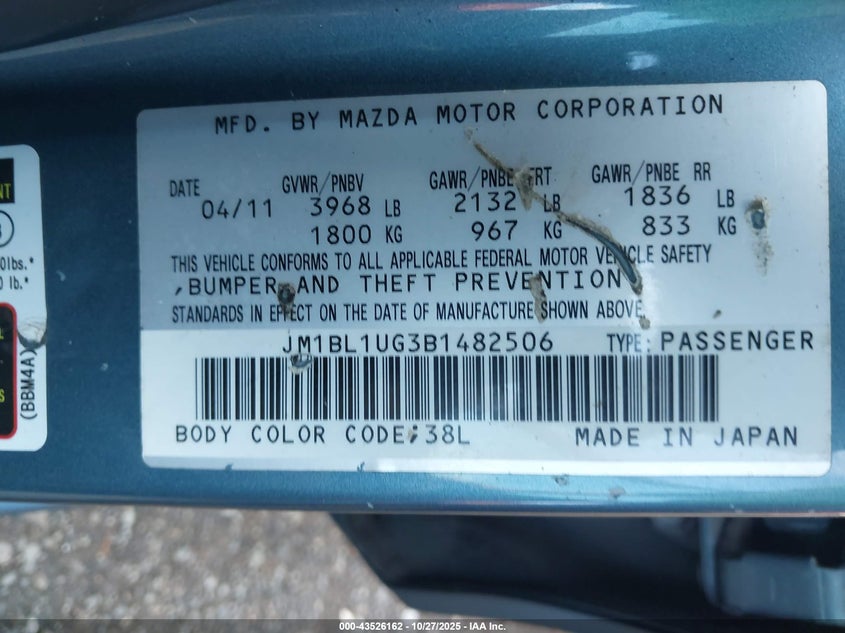 2011 Mazda Mazda3 I Sport VIN: JM1BL1UG3B1482506 Lot: 43526162