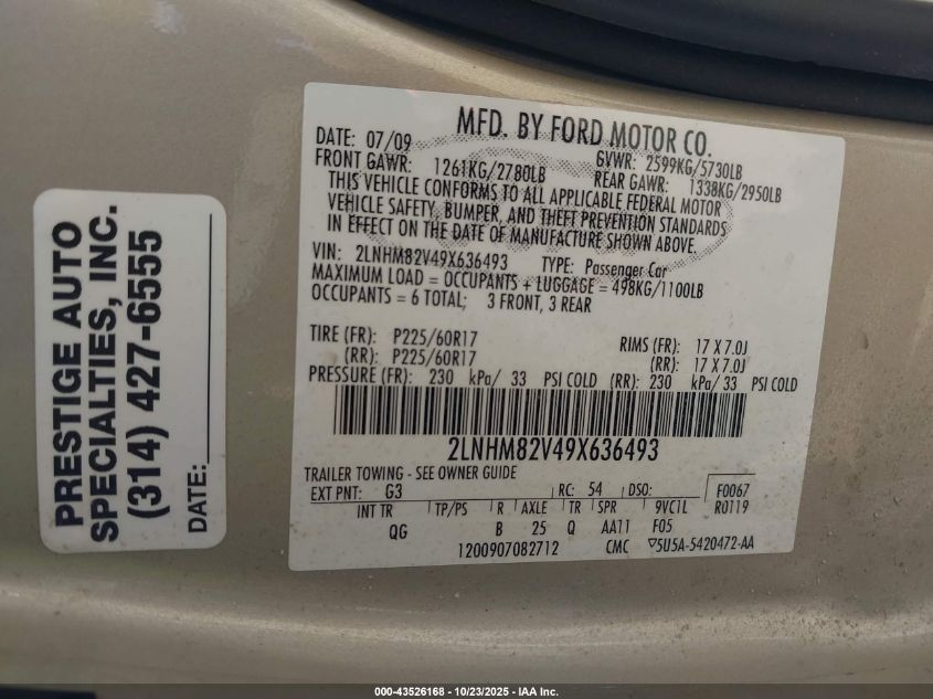 2009 Lincoln Town Car Signature Limited VIN: 2LNHM82V49X636493 Lot: 43526168