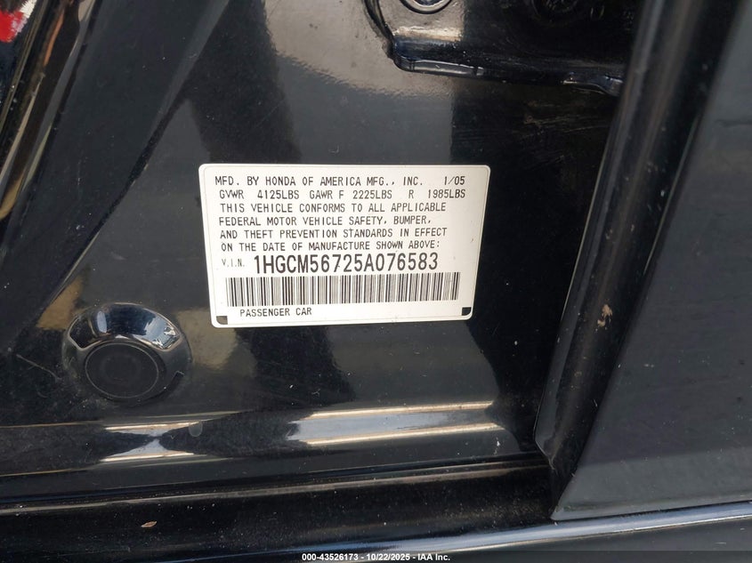 1HGCM56725A076583 2005 HONDA ACCORD photo no. 9