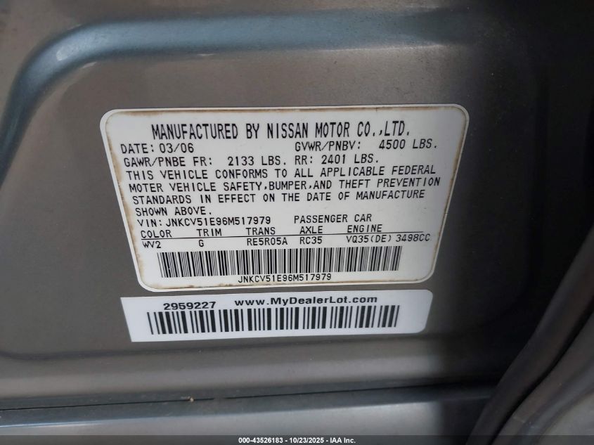 2006 Infiniti G35 VIN: JNKCV51E96M517979 Lot: 43526183