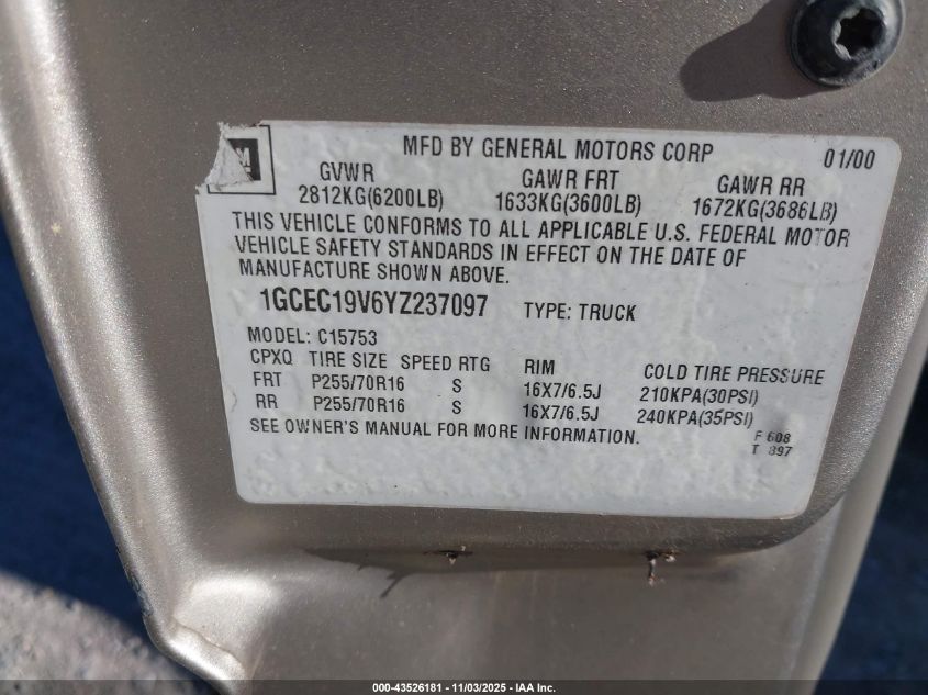 2000 Chevrolet Silverado 1500 Ls VIN: 1GCEC19V6YZ237097 Lot: 43526181